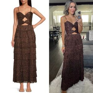 NWT Gianni Bini Grace Metallic Plisse Sweetheart Neck Cut-Out Tiered Dress Sz 10